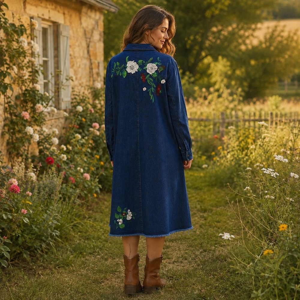 Reborn Denim Floral Embroidered Country Midi Shirt Dress L Western Cottagecore